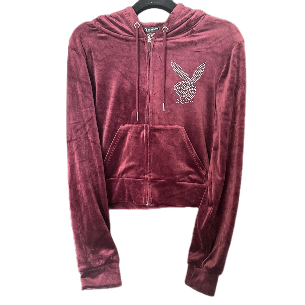 PLAYBOY Velour Zip Hoodie - Burgundy with Silver Accents